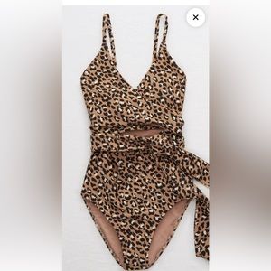 Aerie Wrap Leopard one piece swimsuit L Long
